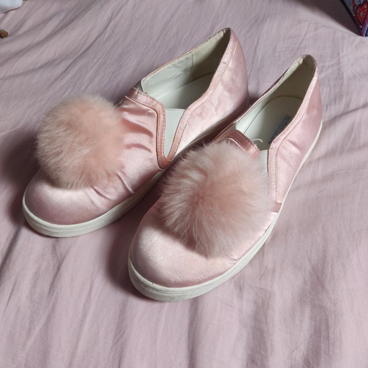 CUTE POM POM LOAFERS PINK SATIN CASUAL FLATS WHITE... Depop