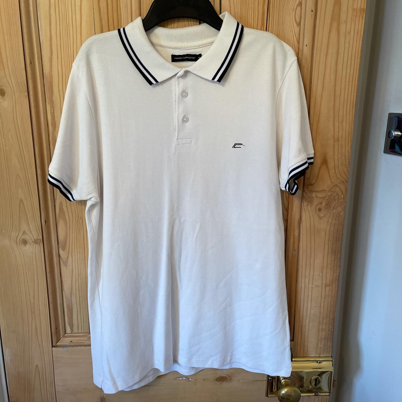 French Connection White Polo T-Shirt W/Black & Navy... - Depop
