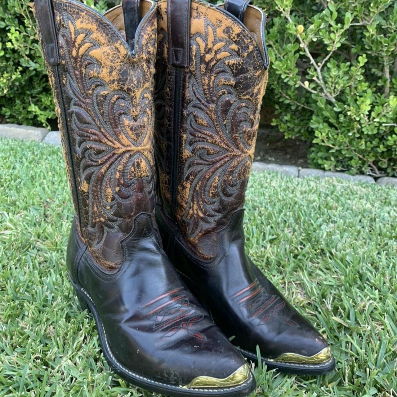 Vintage, Authentic, Brown Leather Cowboy Boots Gold... - Depop