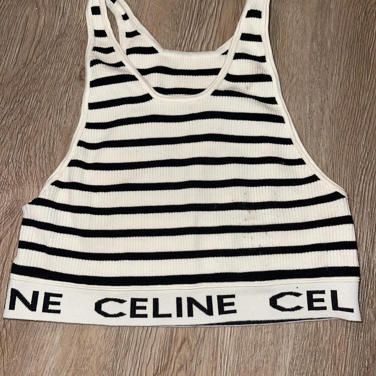 CELINE Women's Cream and White Crop-top | Depop