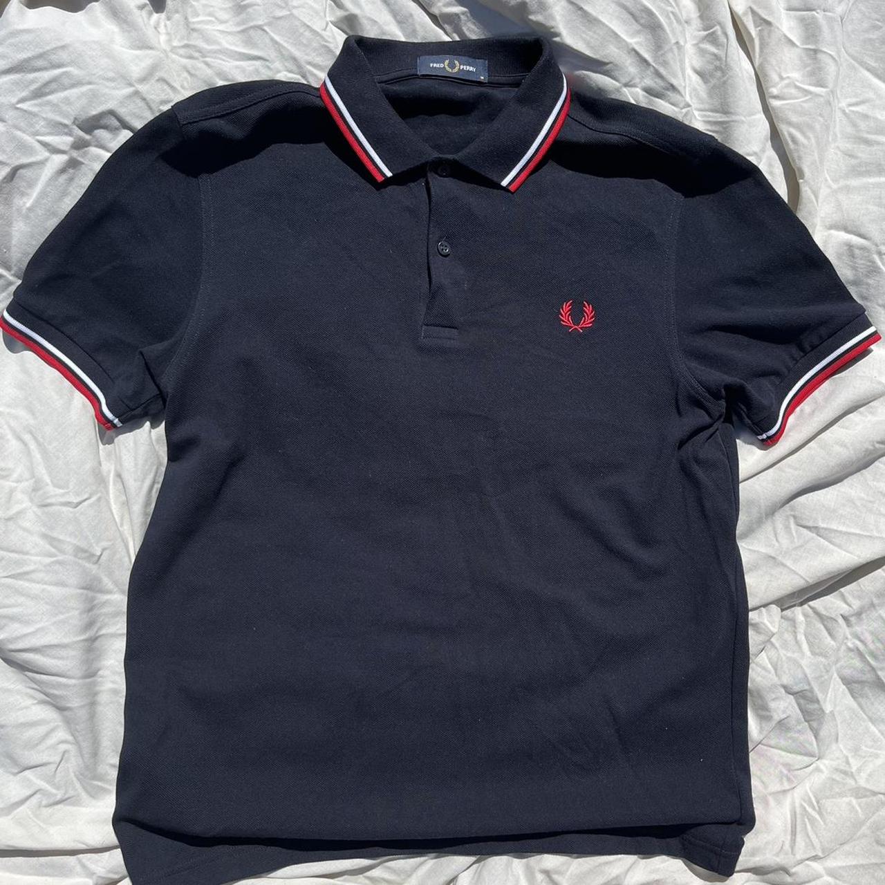 NAVY FRED PERRY POLO WITH RED AND WHITE ACCENTS Depop