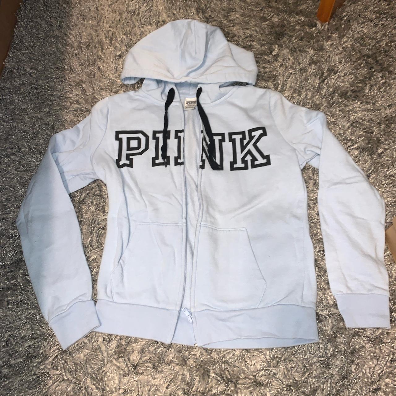 Victorias Secret Pink baby blue logo full zip hoodie... - Depop