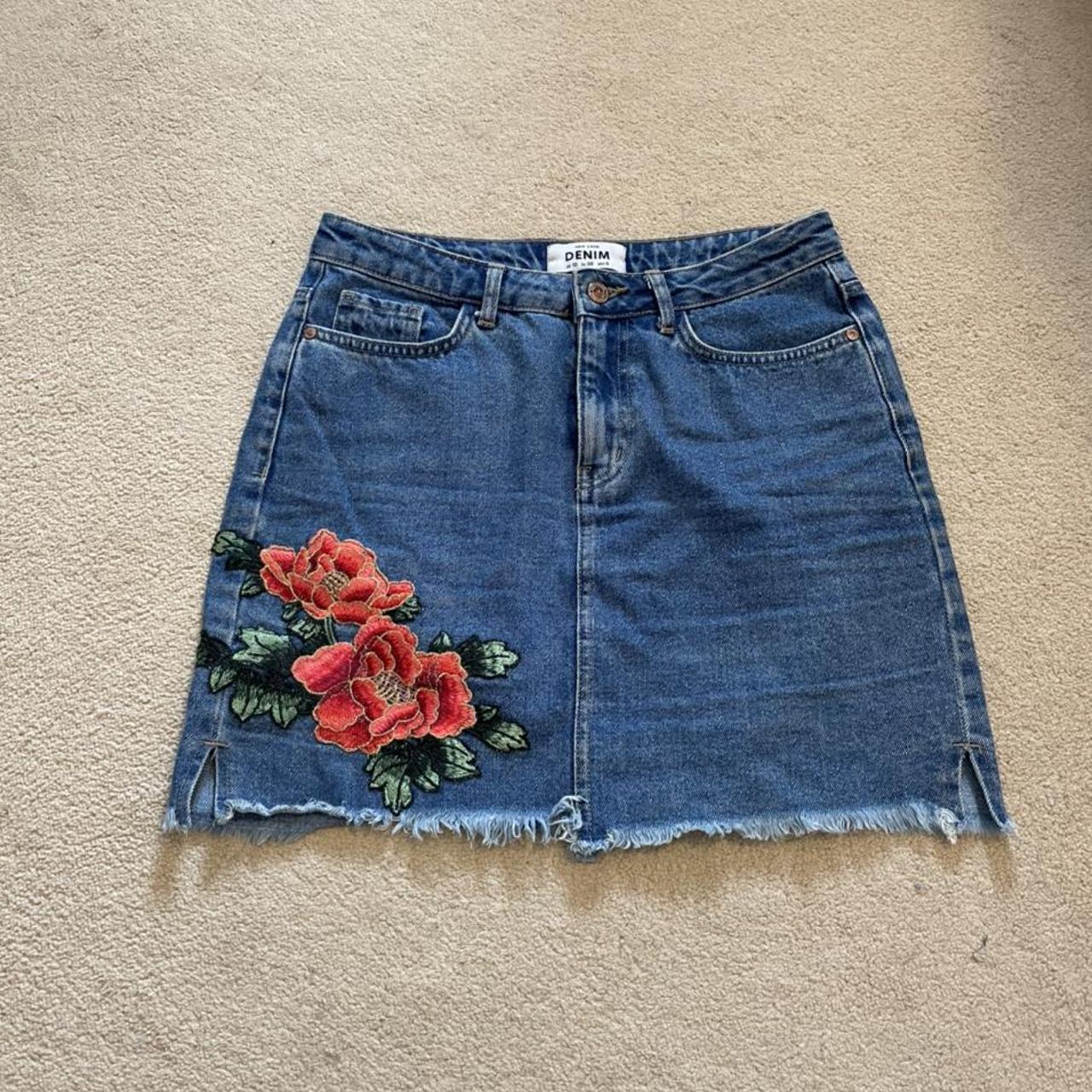 Cute embroidered mini denim skirt UK size 10... - Depop