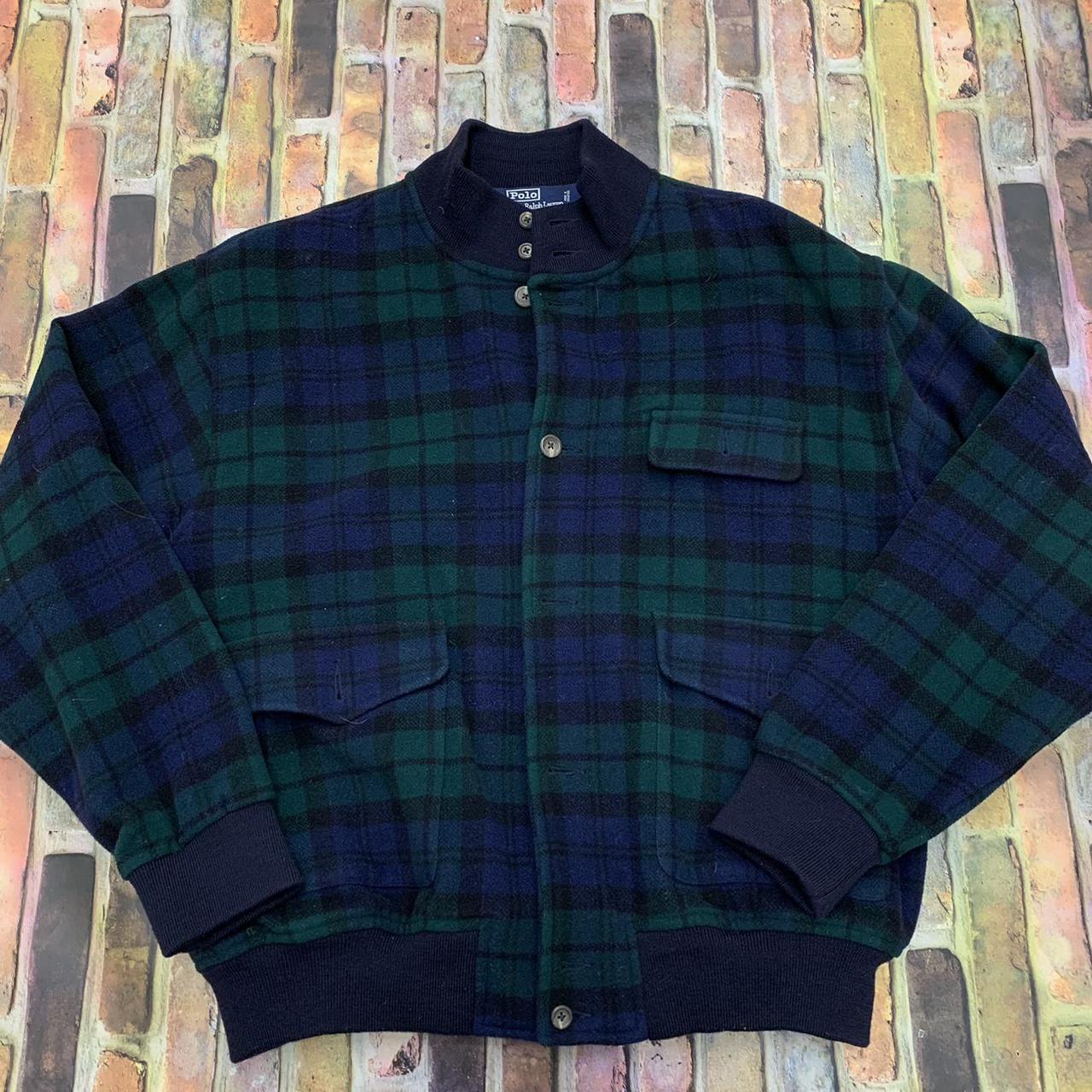 Vintage Polo plaid wool jacket in green and navy.... - Depop