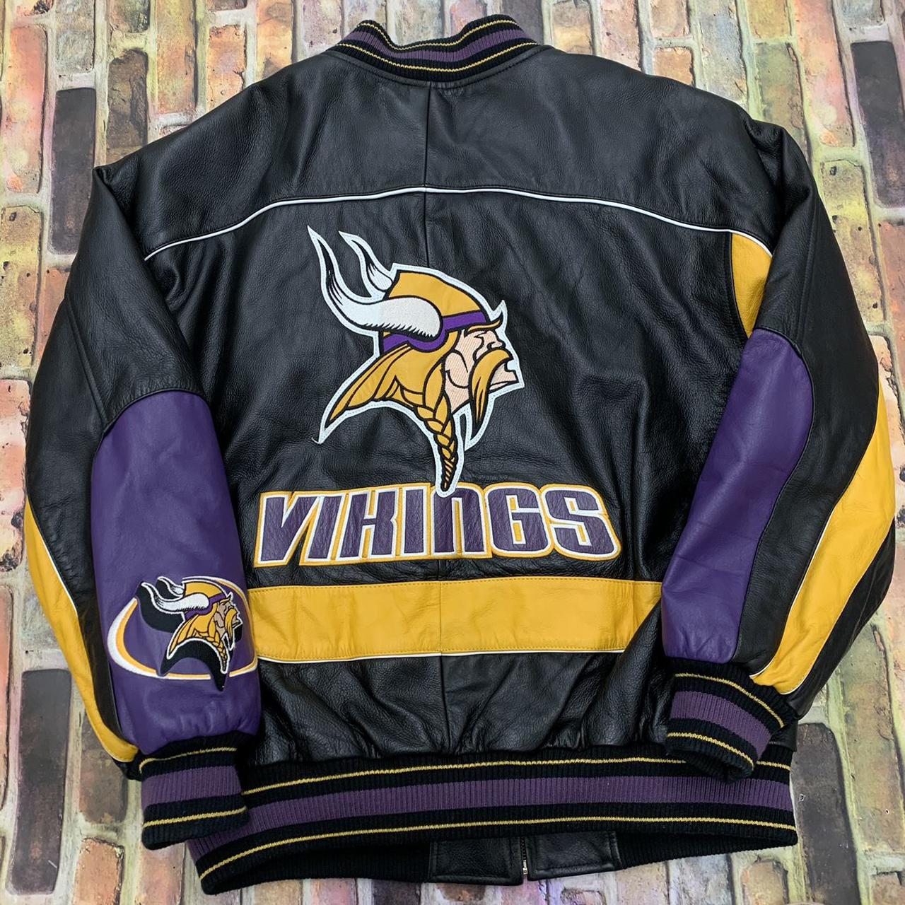 Vintage Minnesota Vikings leather jacket in black. - Depop