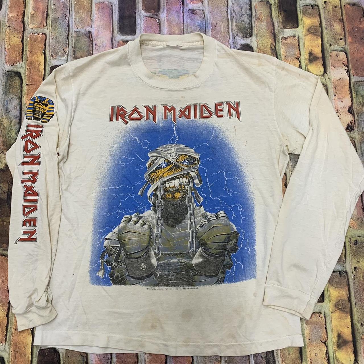 Vintage Iron Maiden long sleeve band tee in white.... - Depop