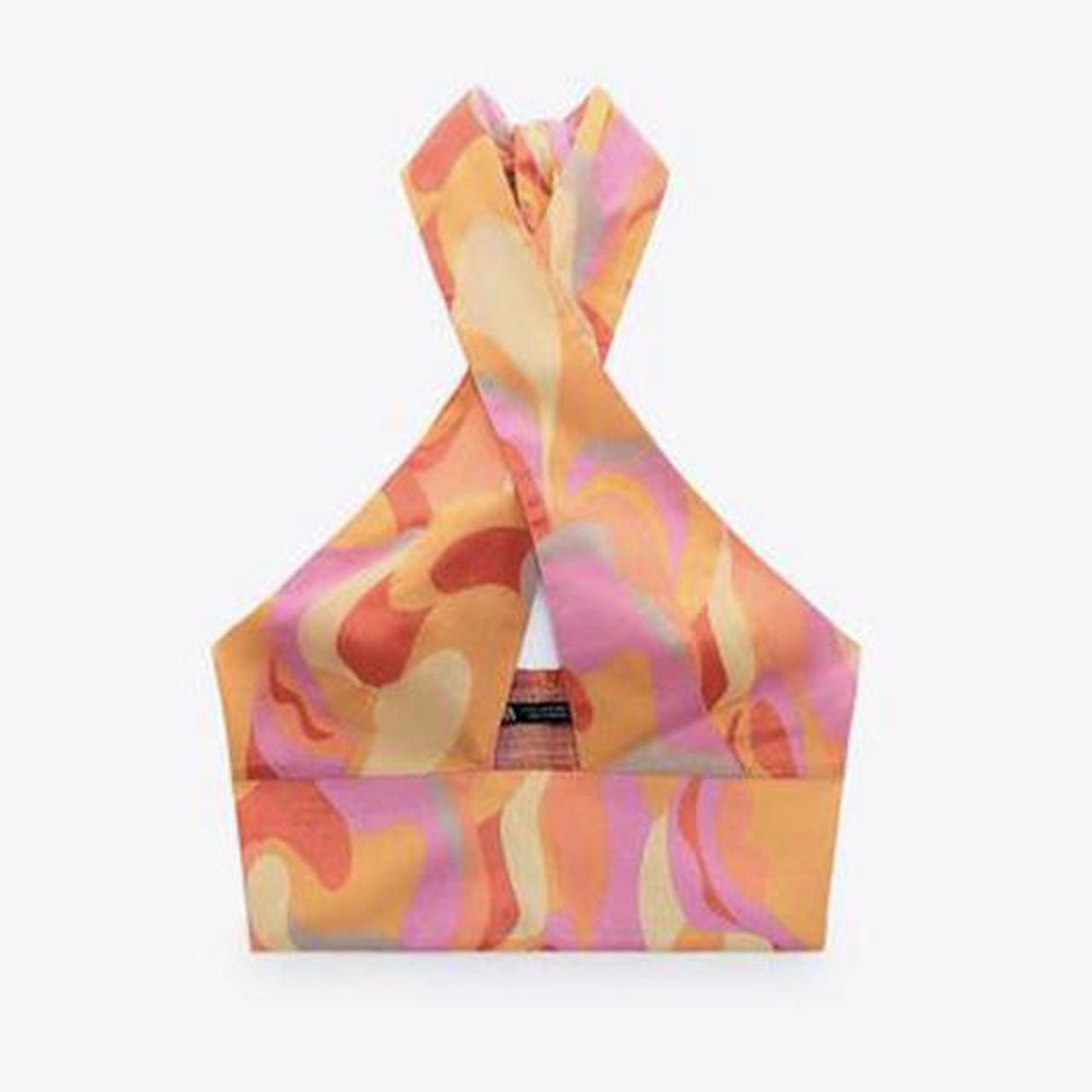 ZARA linen cross over crop top, pink pattern, ties... Depop