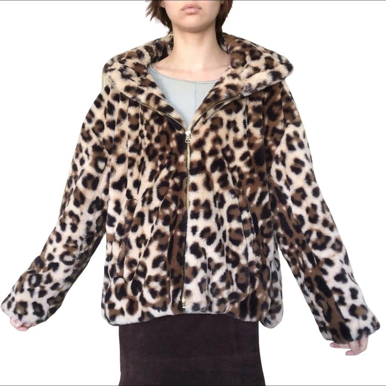 faux fur fuzzy leopard jacket brand- me... - Depop