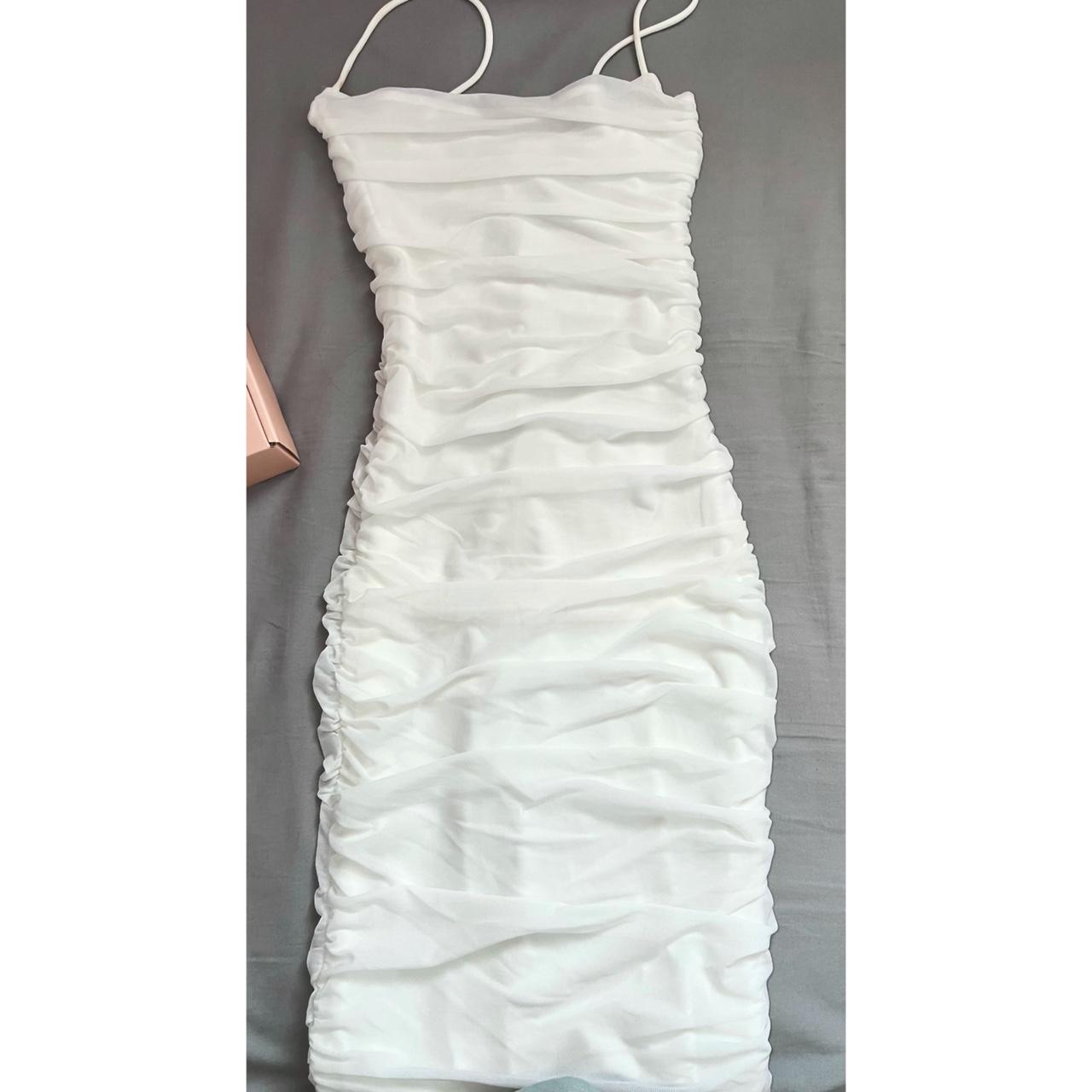 First Date Ruched Mesh Bodycon Knee Length Dress in Oyster White
