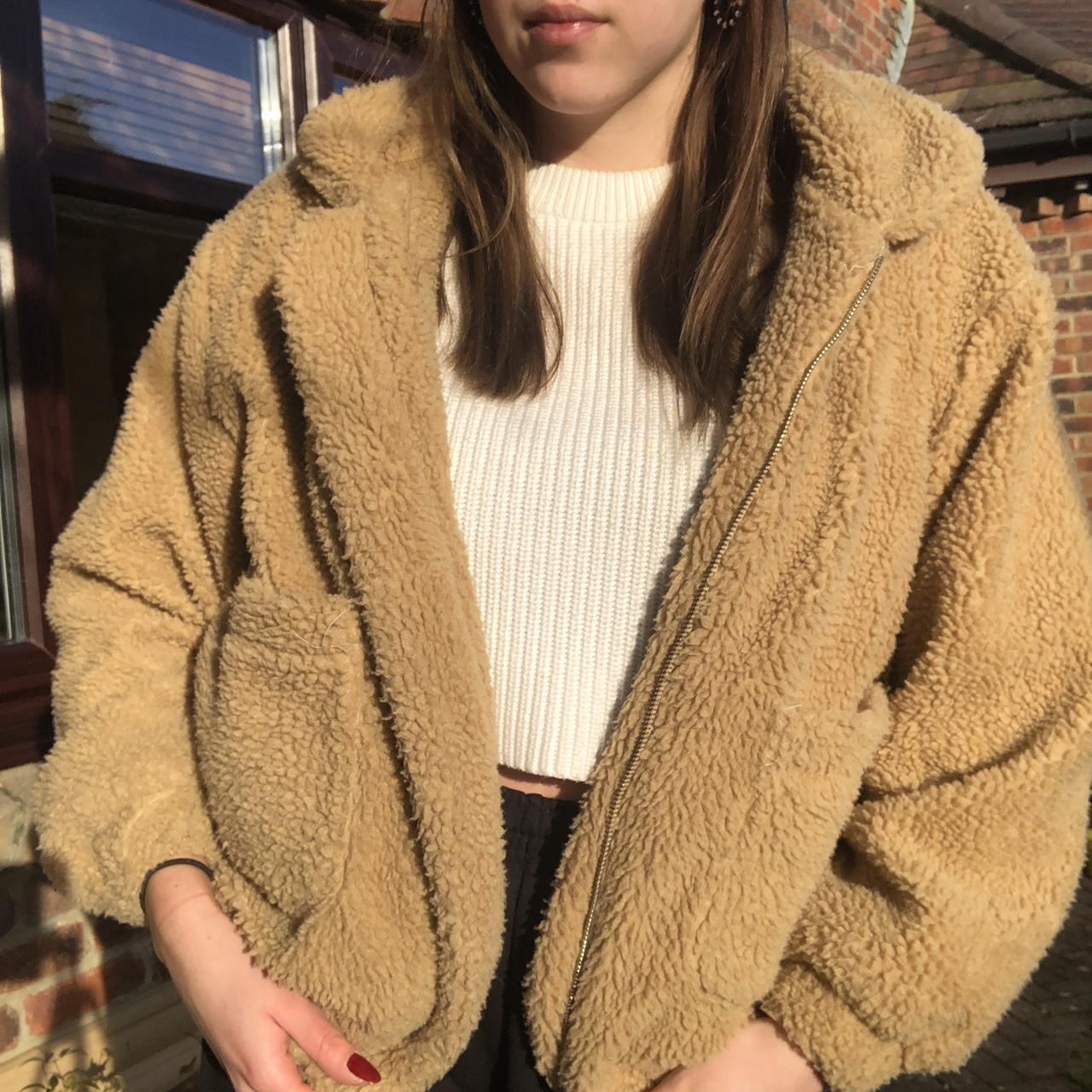 Light brown cream beige teddy bear fur jacket coat... Depop