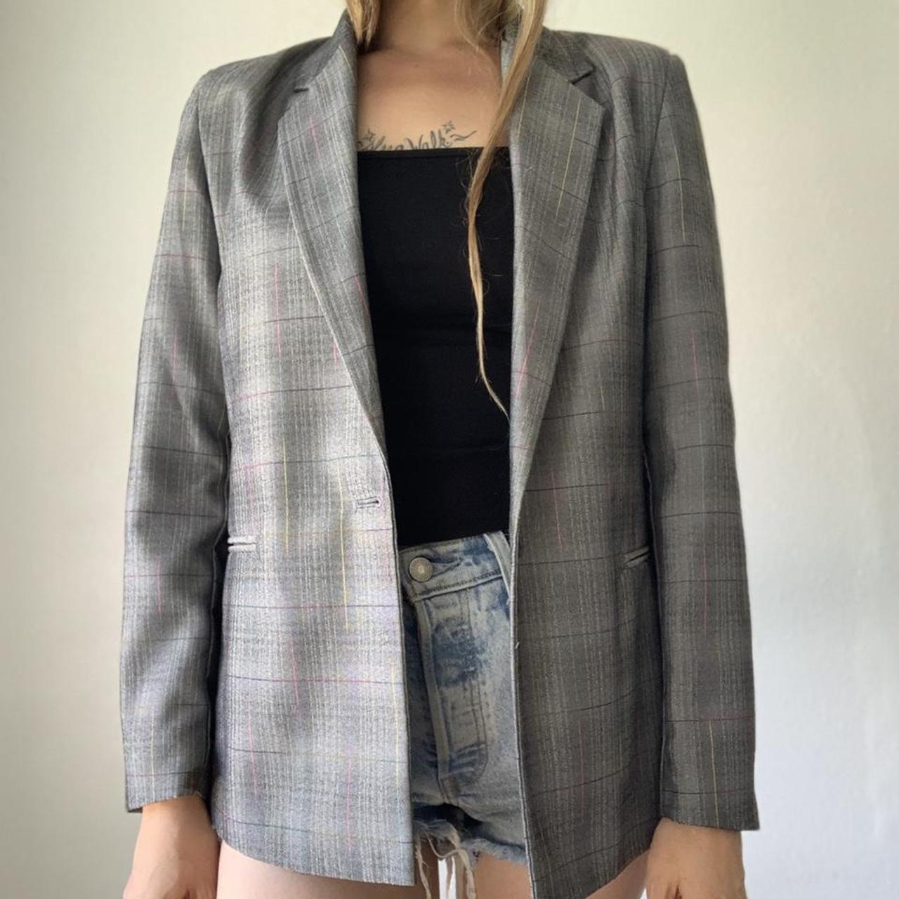 Vintage Grey Pinstripe One Button Blazer Era: 80s... - Depop