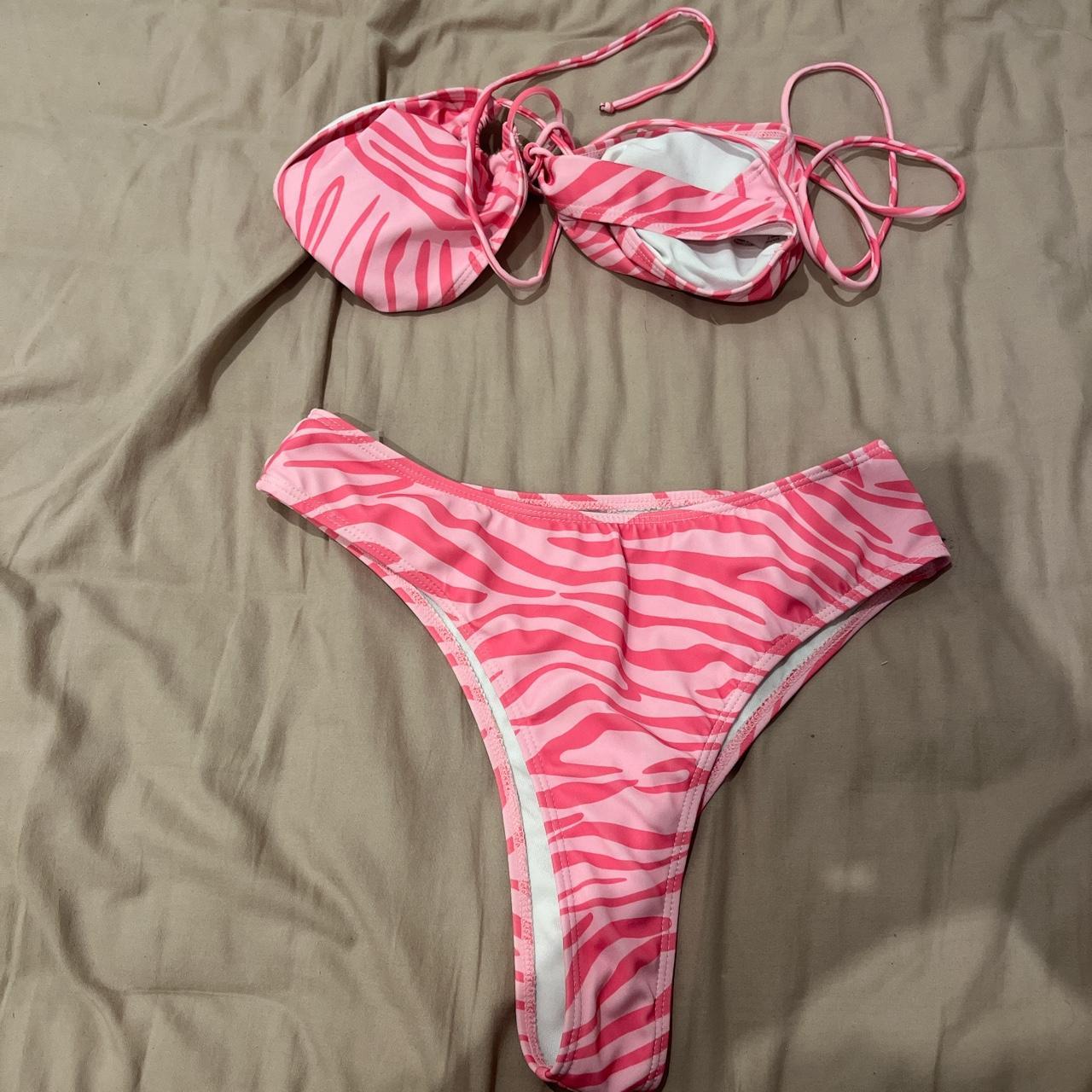 Shein Pink Zebra Print 3 Piece Bikini And Beach Skirt Depop