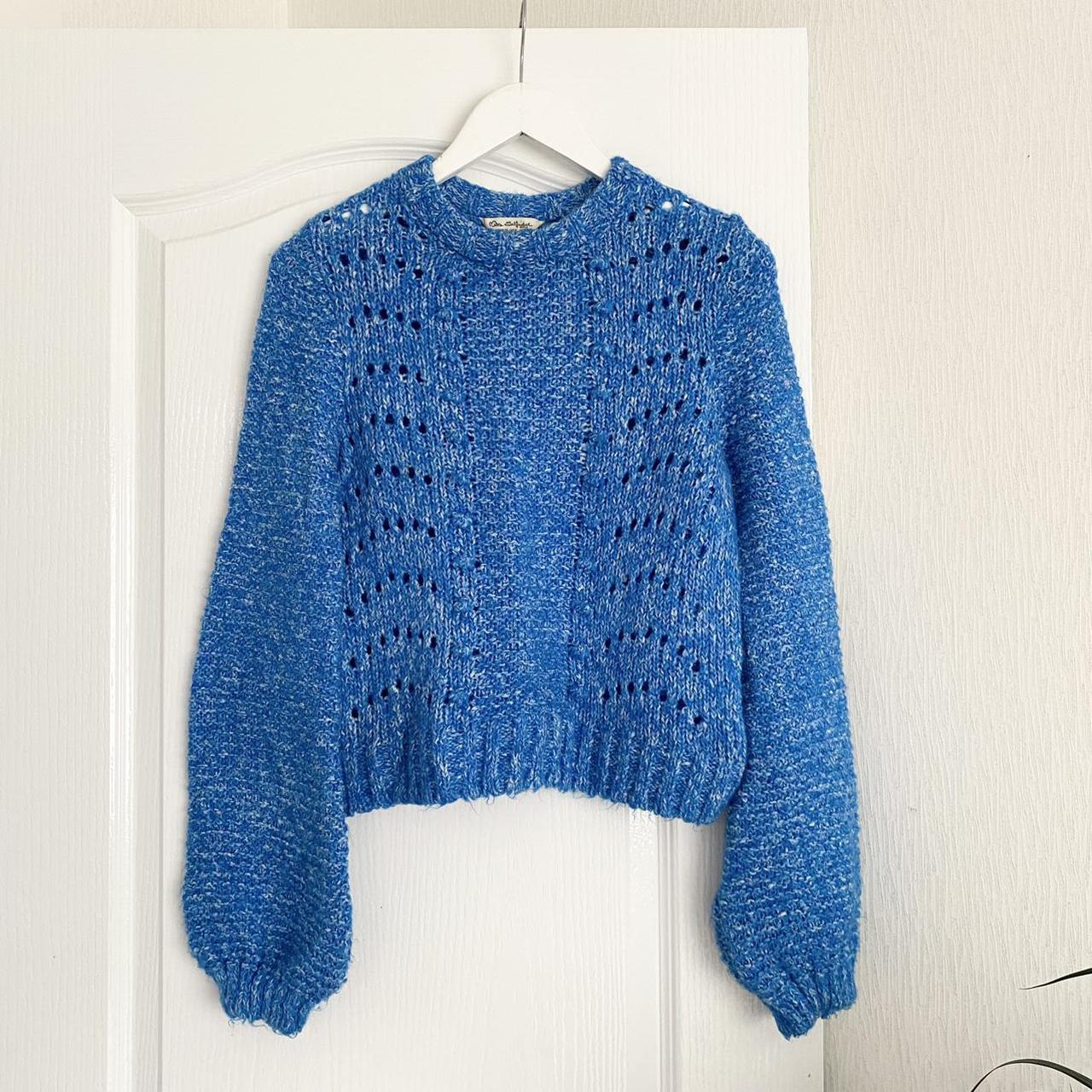 Blue crochet knitted woolly jumper with round neck... - Depop