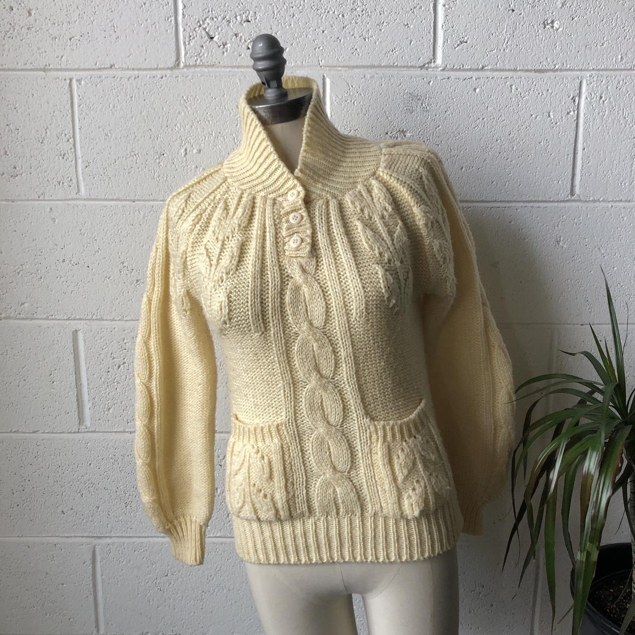 70s HUNTERS RUN Cream Acrylic Cable Knit Button Up... - Depop