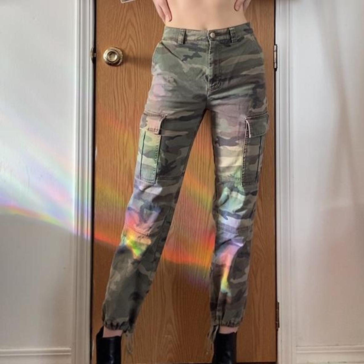 High waisted camouflage cargo pants with a tie... Depop
