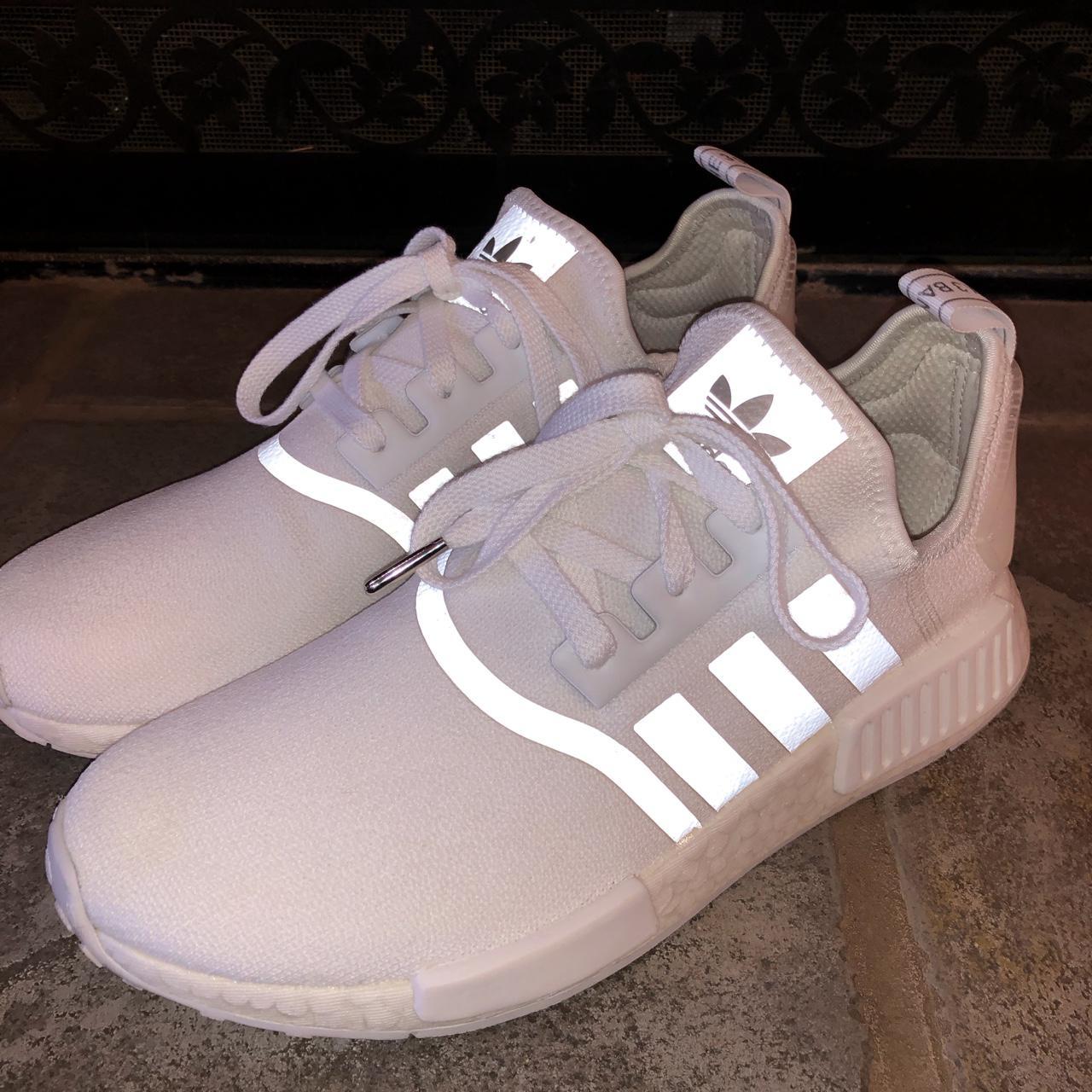 White pair of Adidas NMD_R1 'White Silver Metallic’... - Depop