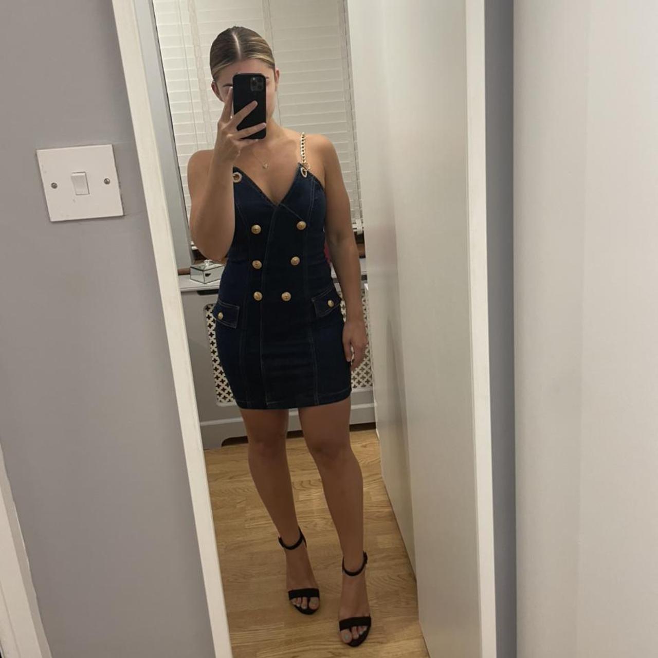 Denim dress with gold chain straps best sale