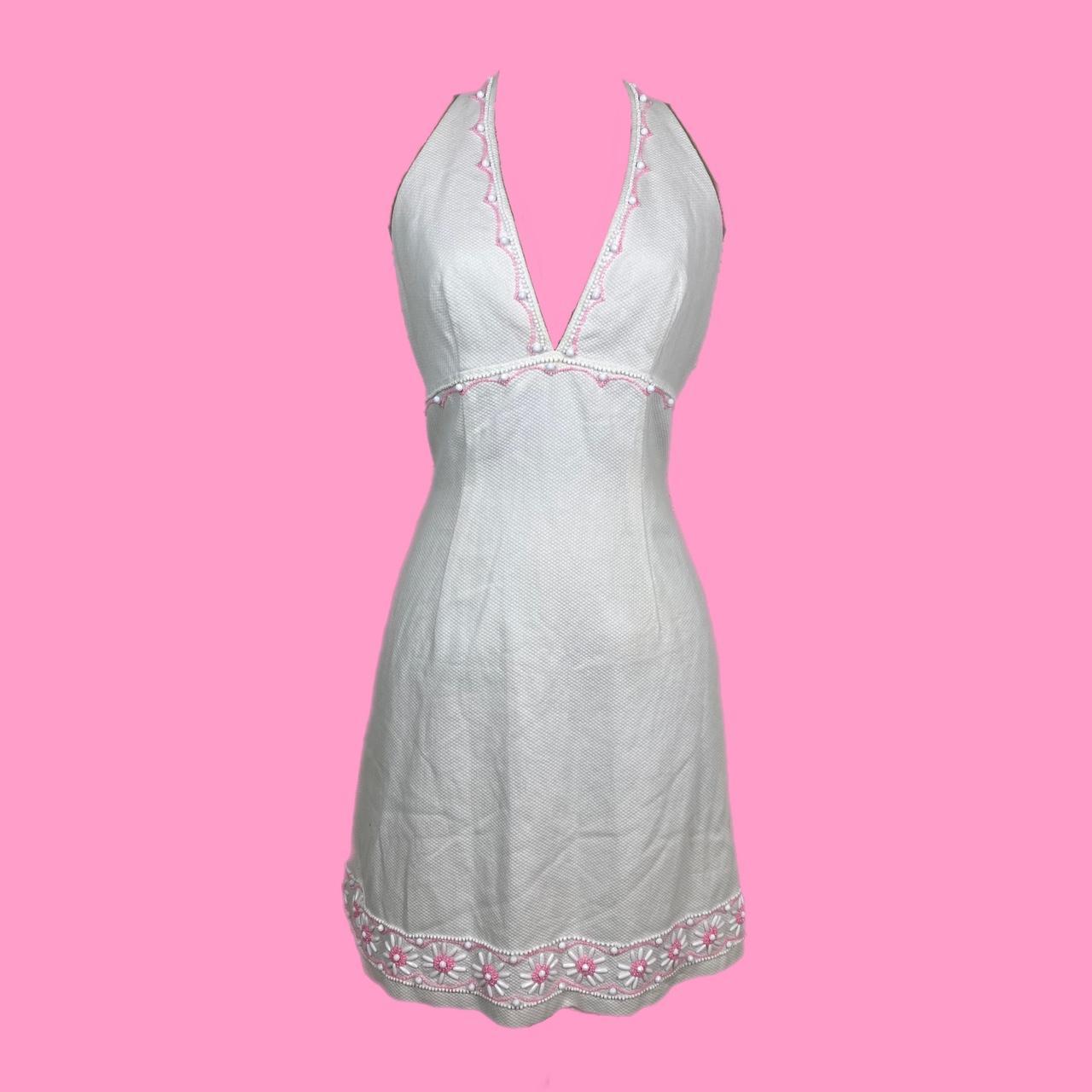 Cute girly white halter dress with beaded pink and... - Depop