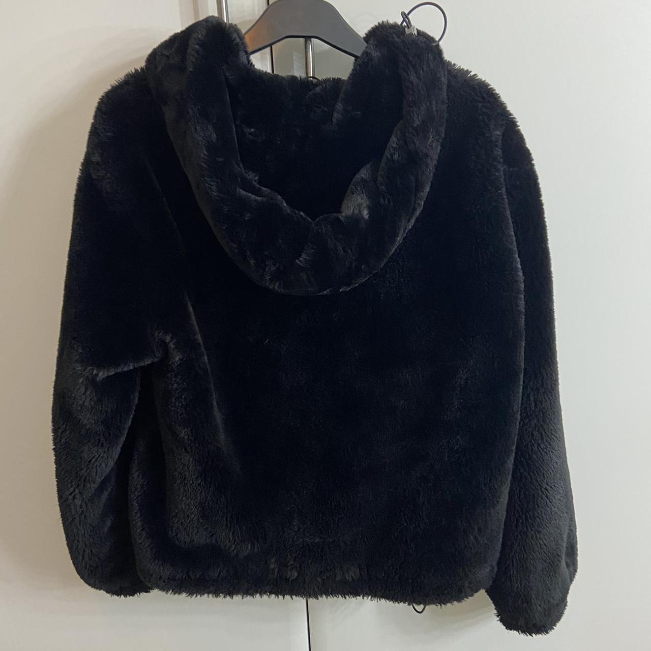 Bershka faux fur black coat jacket with hood free... - Depop