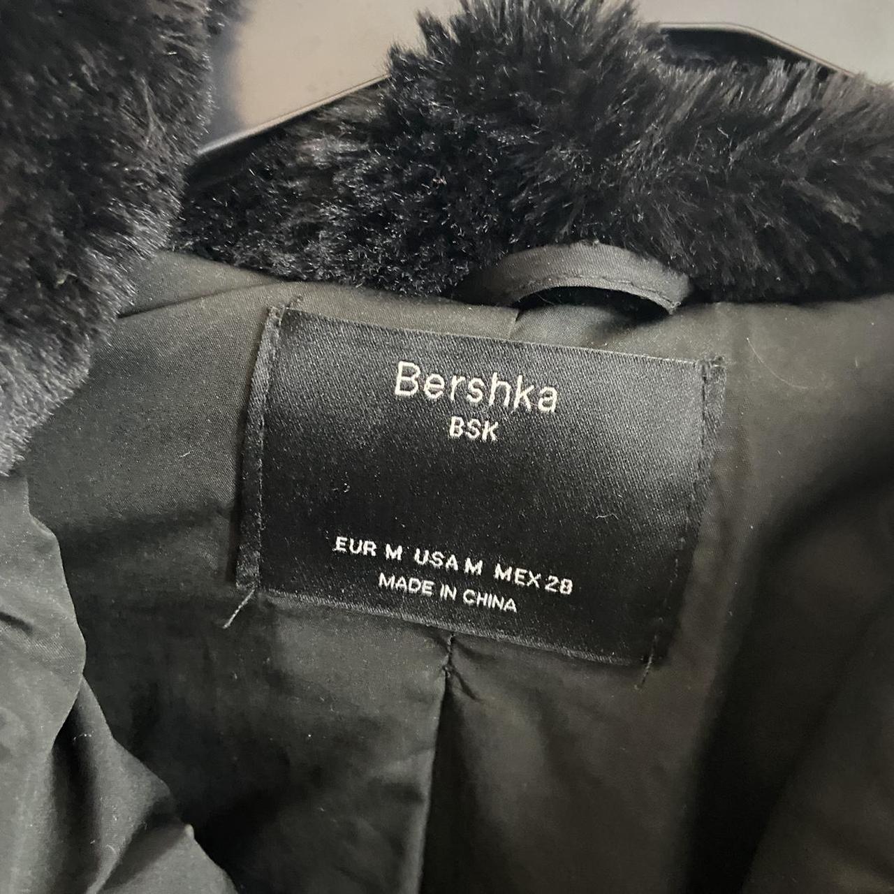 Bershka faux fur black coat jacket with hood free... - Depop