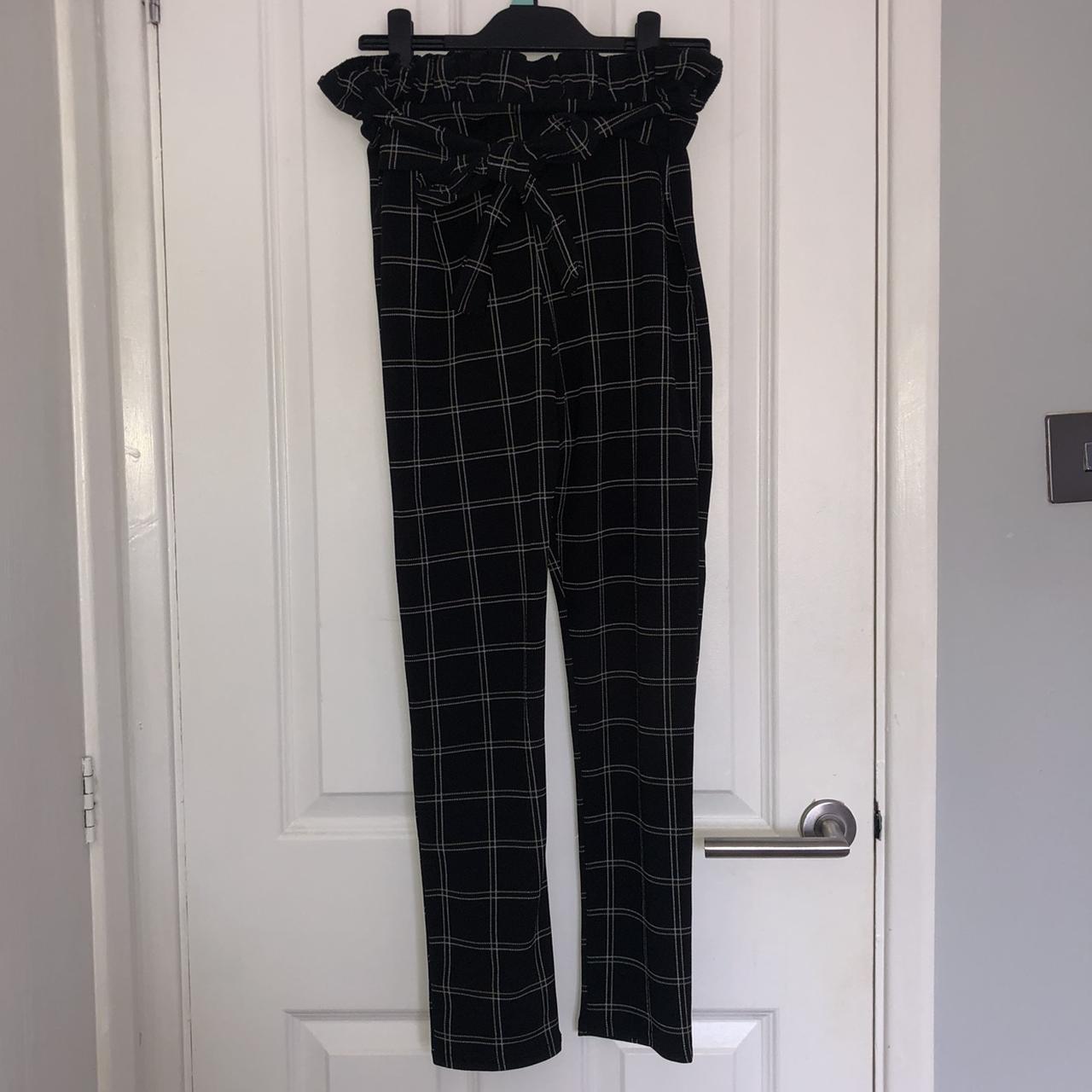 Black tweed check hot sale paperbag skinny trousers