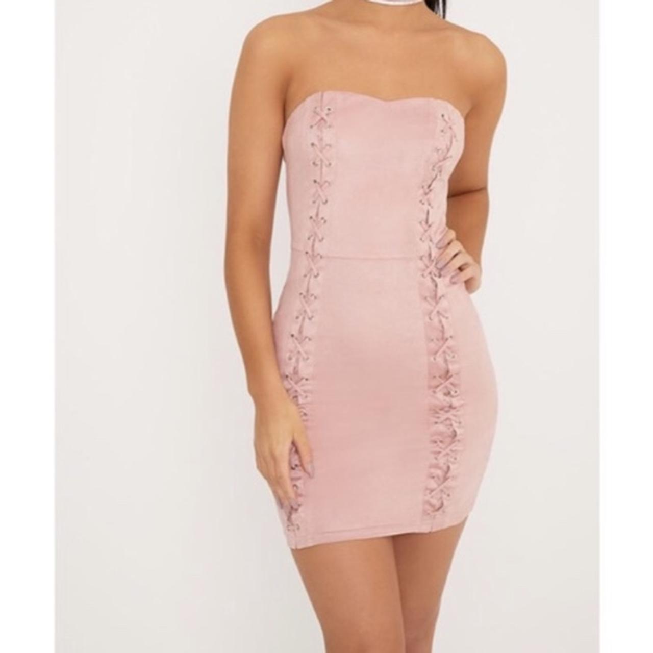 PLT pink suede bodycon dress with tie up detailing. Depop