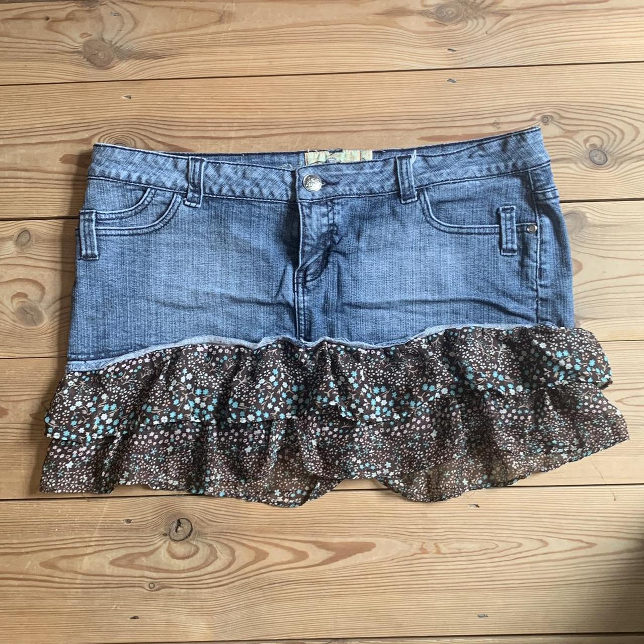 vintage denim mini skirt floral mesh ruffle hem no... - Depop