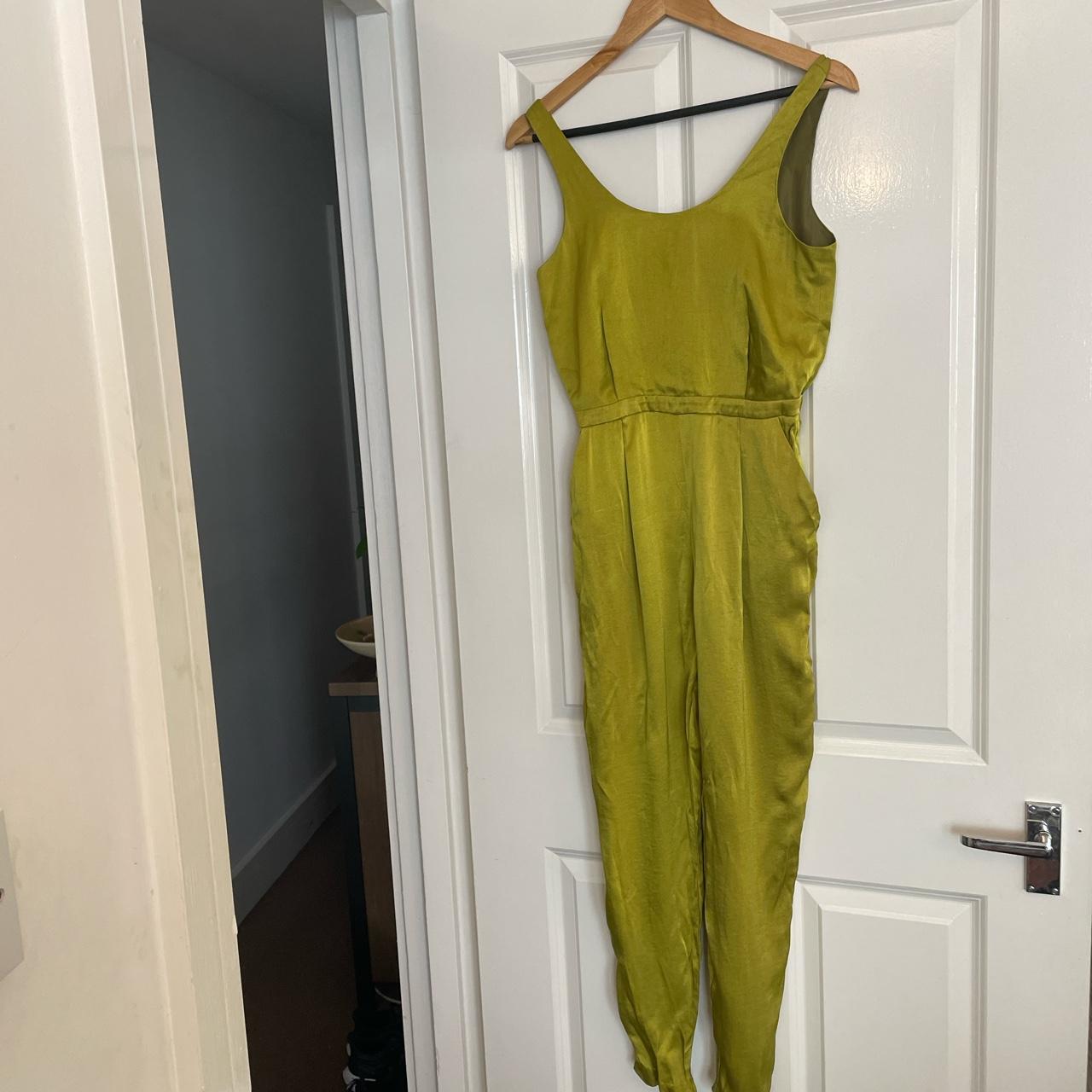 lime green silk jumpsuit. Depop