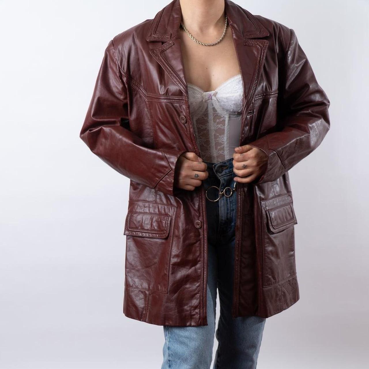 Stunning Burgundy Leather Coat With Long Sleeves Depop