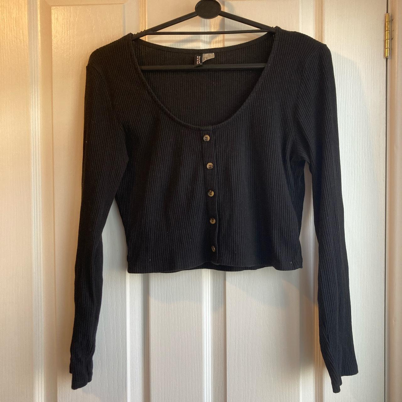 h&m long-sleeved ribbed black top button detail and... - Depop