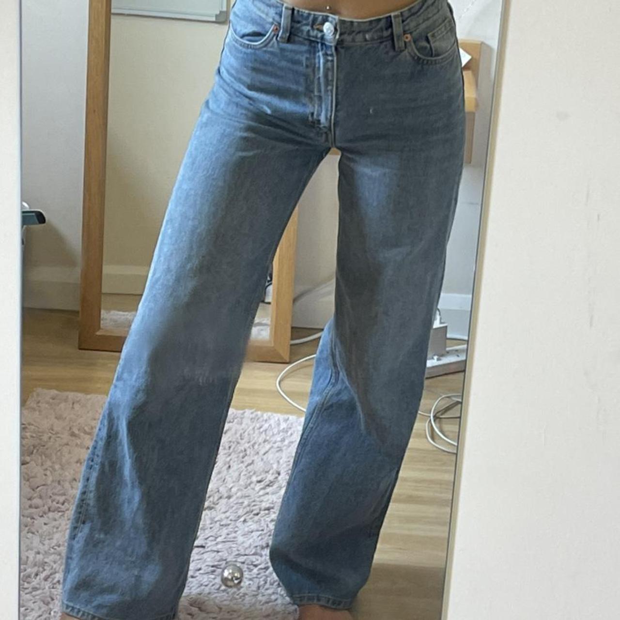 Monki wide leg puddle jeans in a light wash blue,... - Depop