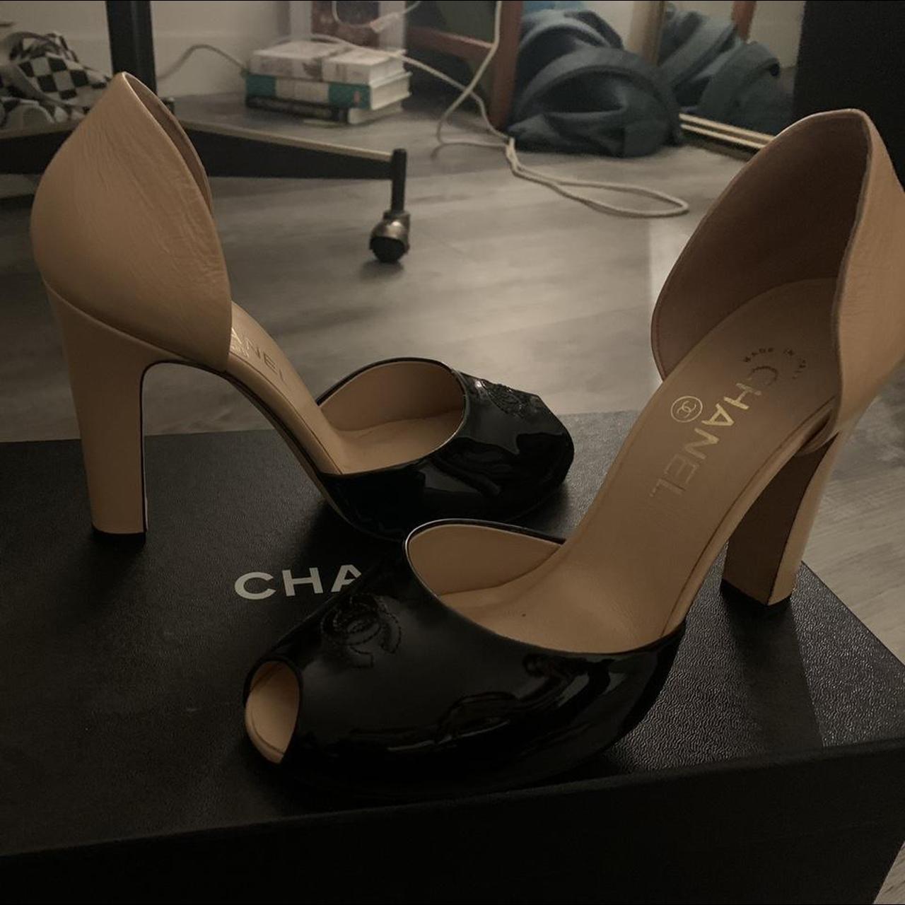 Chanel Two Tone Peep Toe Patent Leather D'orsay - Depop