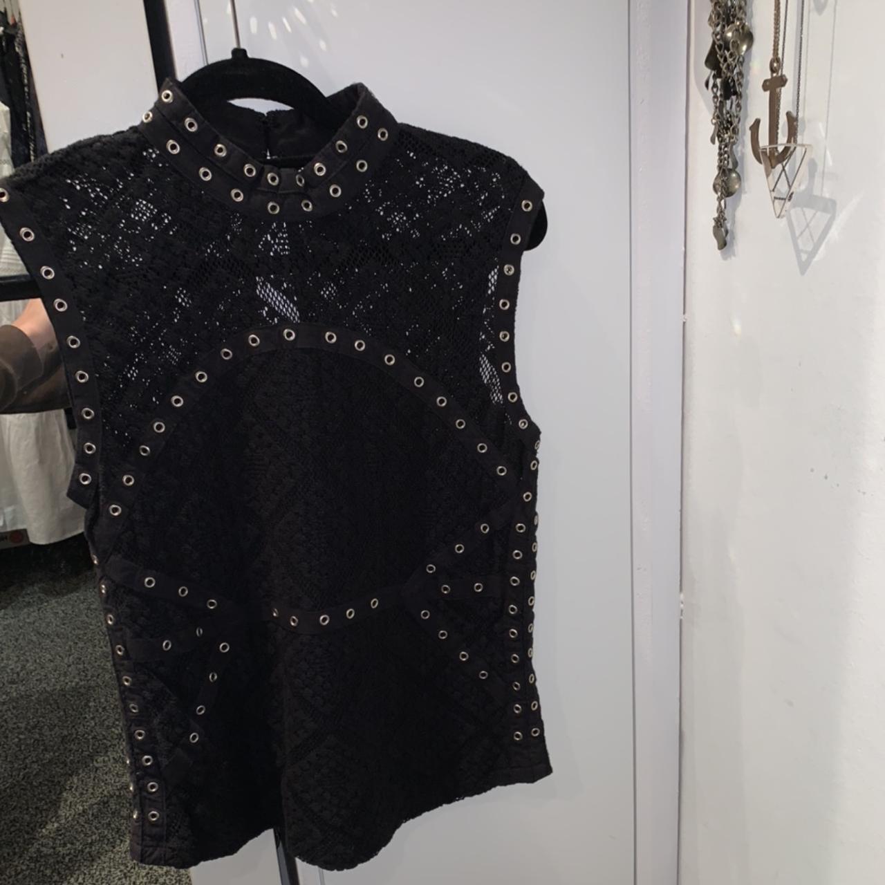 SIZE 10 BLACK LACE / MESH EYELET TOPSHOP HIGH NECK... - Depop