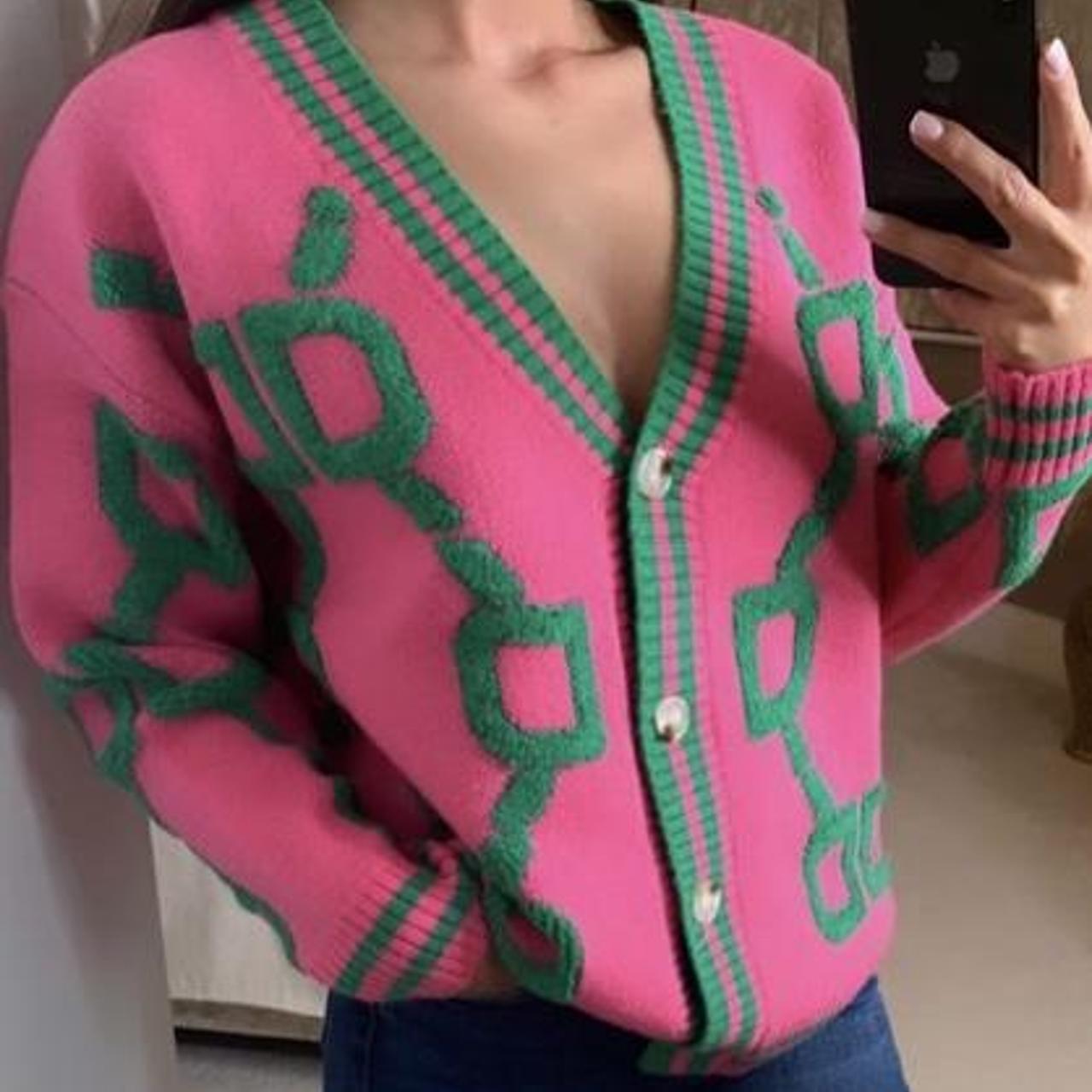 BOUTIQUE PINK AND GREEN CARDIGAN WORN ONCE IN... Depop