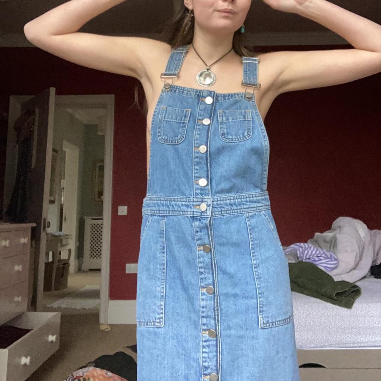 The lavliest light blue denim midi pinafore dress Depop