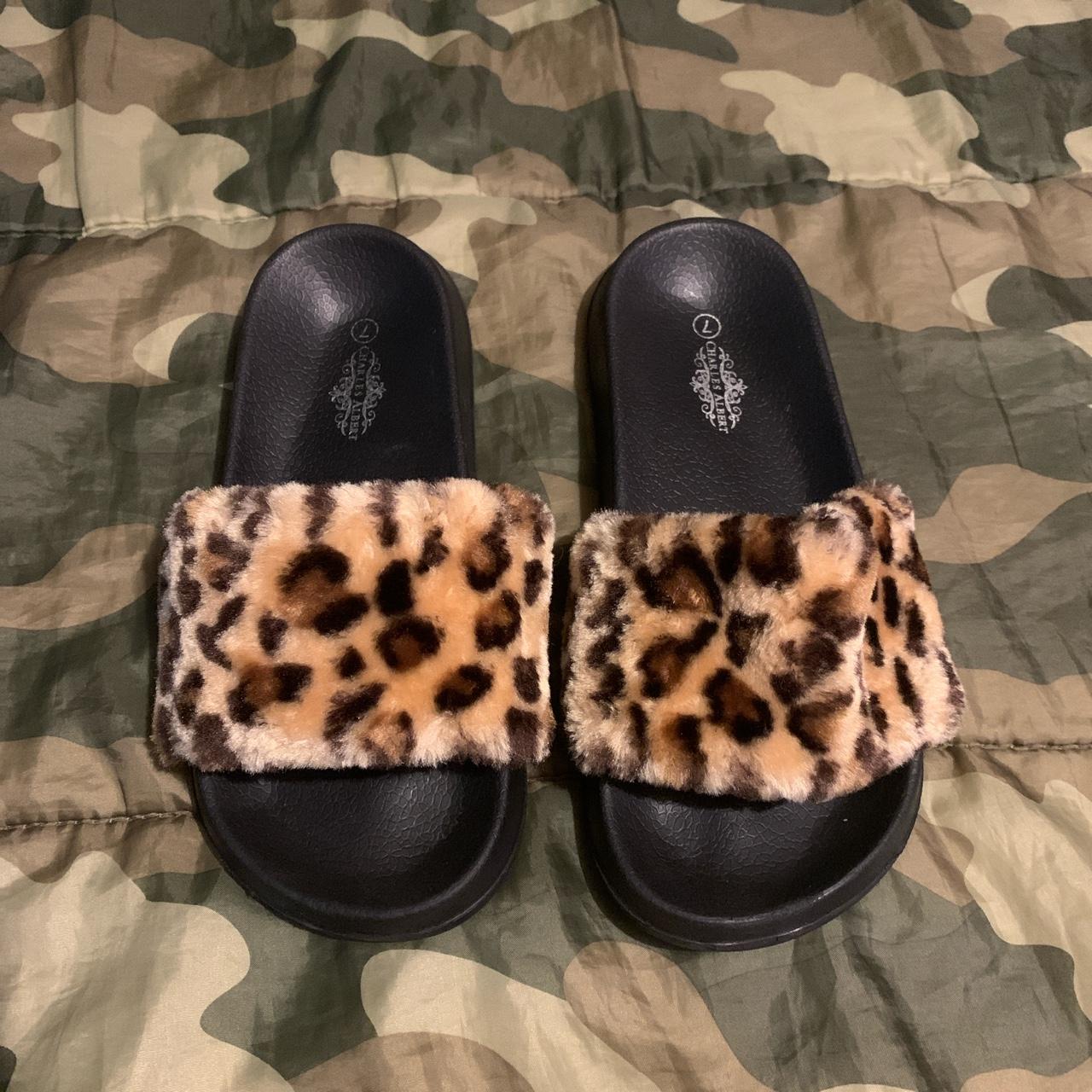 Furry cheetah leopard print slides they re Depop