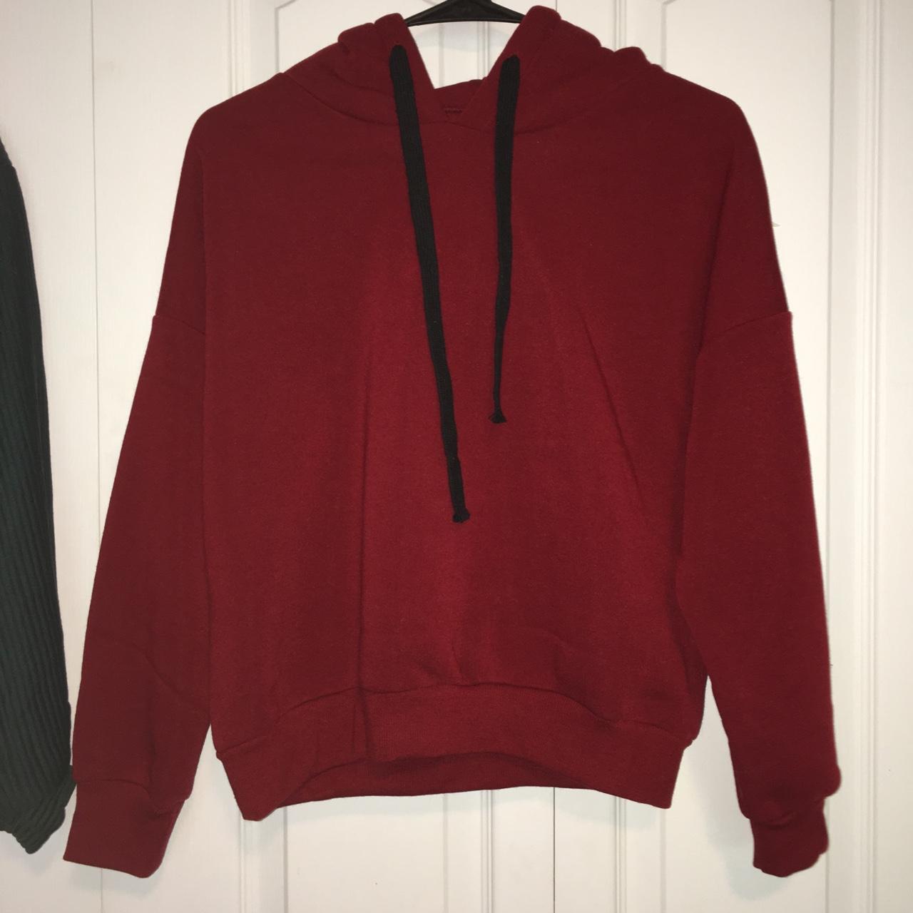 plain dark red pullover hoodie with black strings,... - Depop