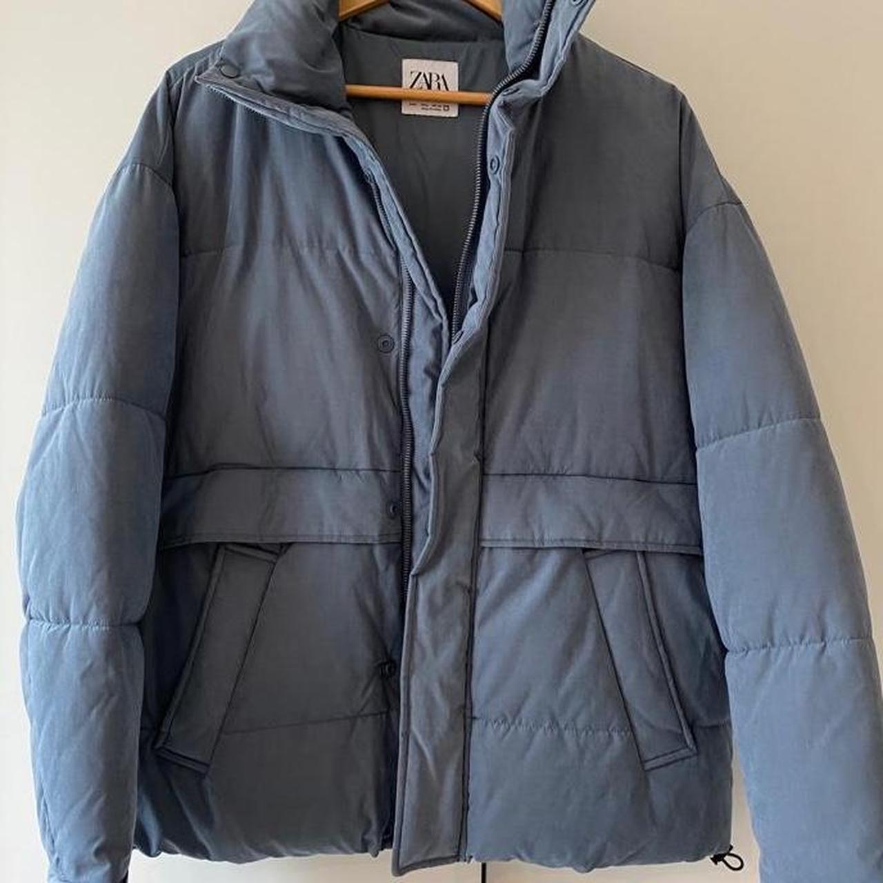 Zara blue oversized puffer jacket Size L Button/zip... - Depop