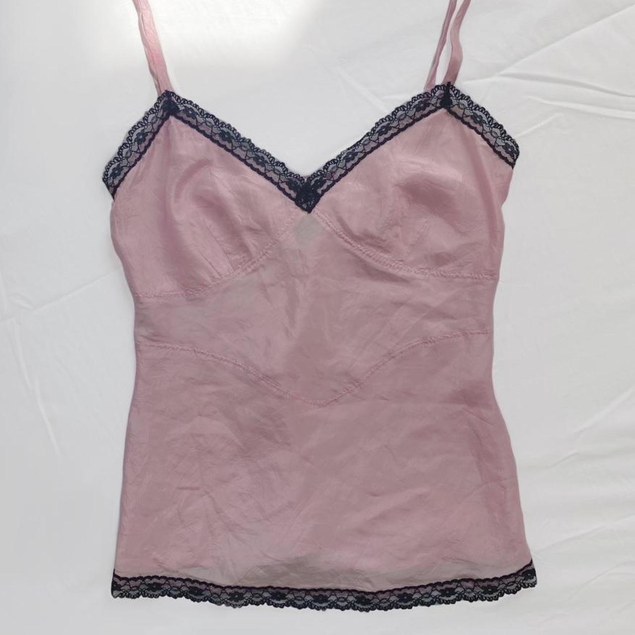 Super cute 100% silk pink cami top with black lace... - Depop