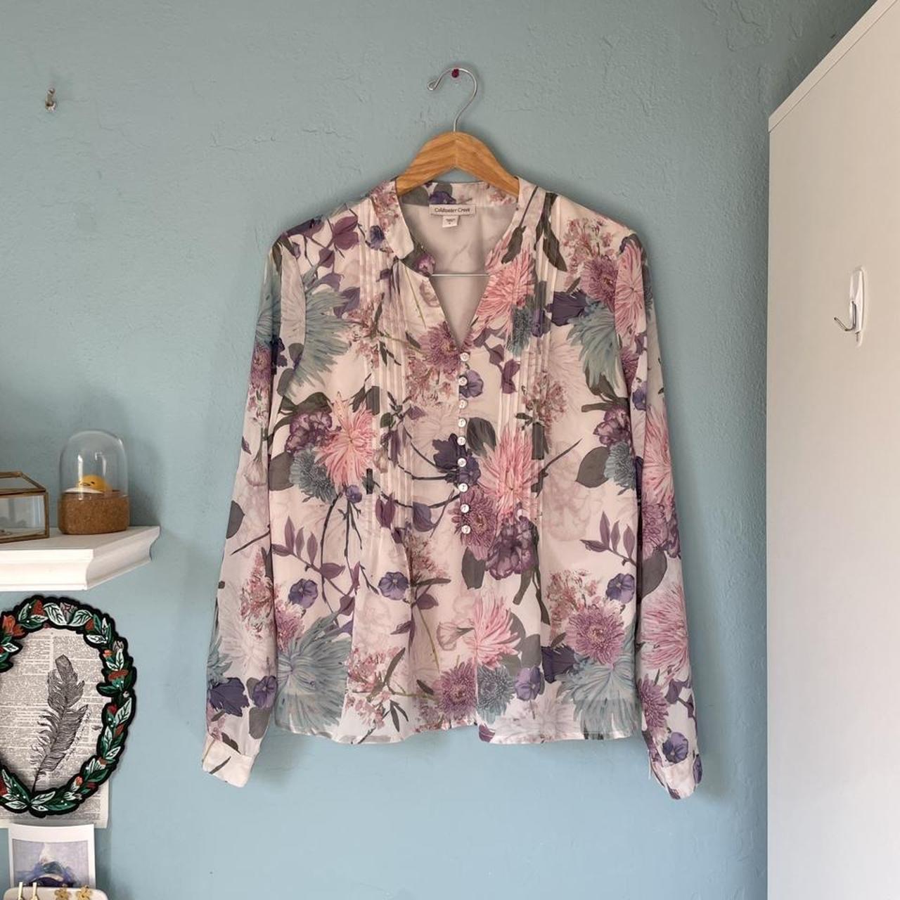 coldwater creek floral button up. pink and white... - Depop