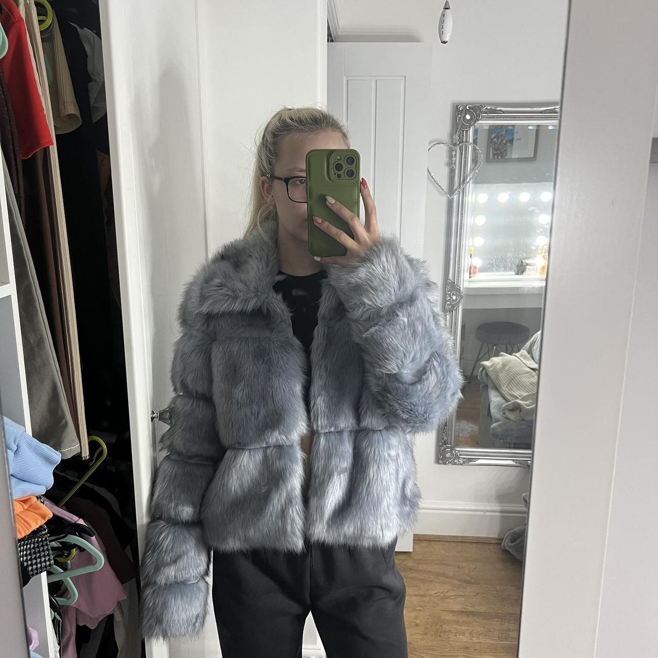 Grey blue fluffy cropped coat Last photo shows the... - Depop