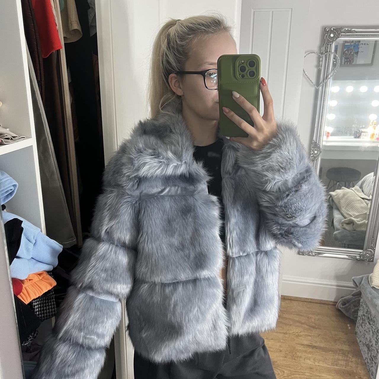 Grey blue fluffy cropped coat Last photo shows the... - Depop