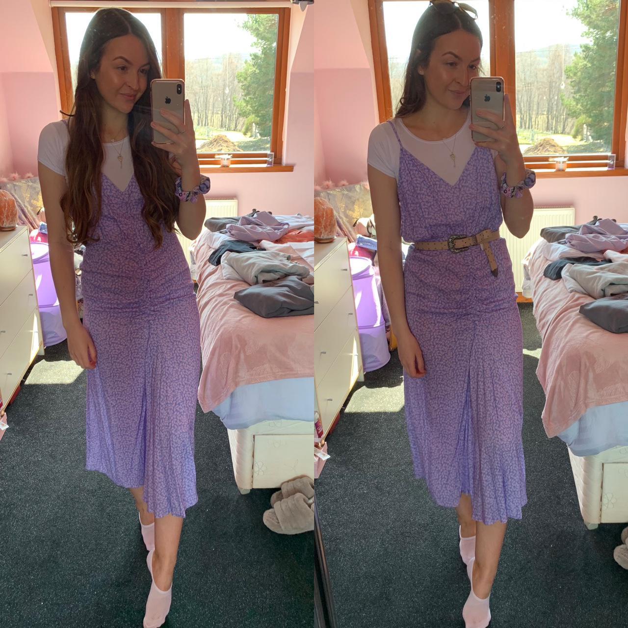 Lilac floral Zara midi dress, with ruched detailing... Depop