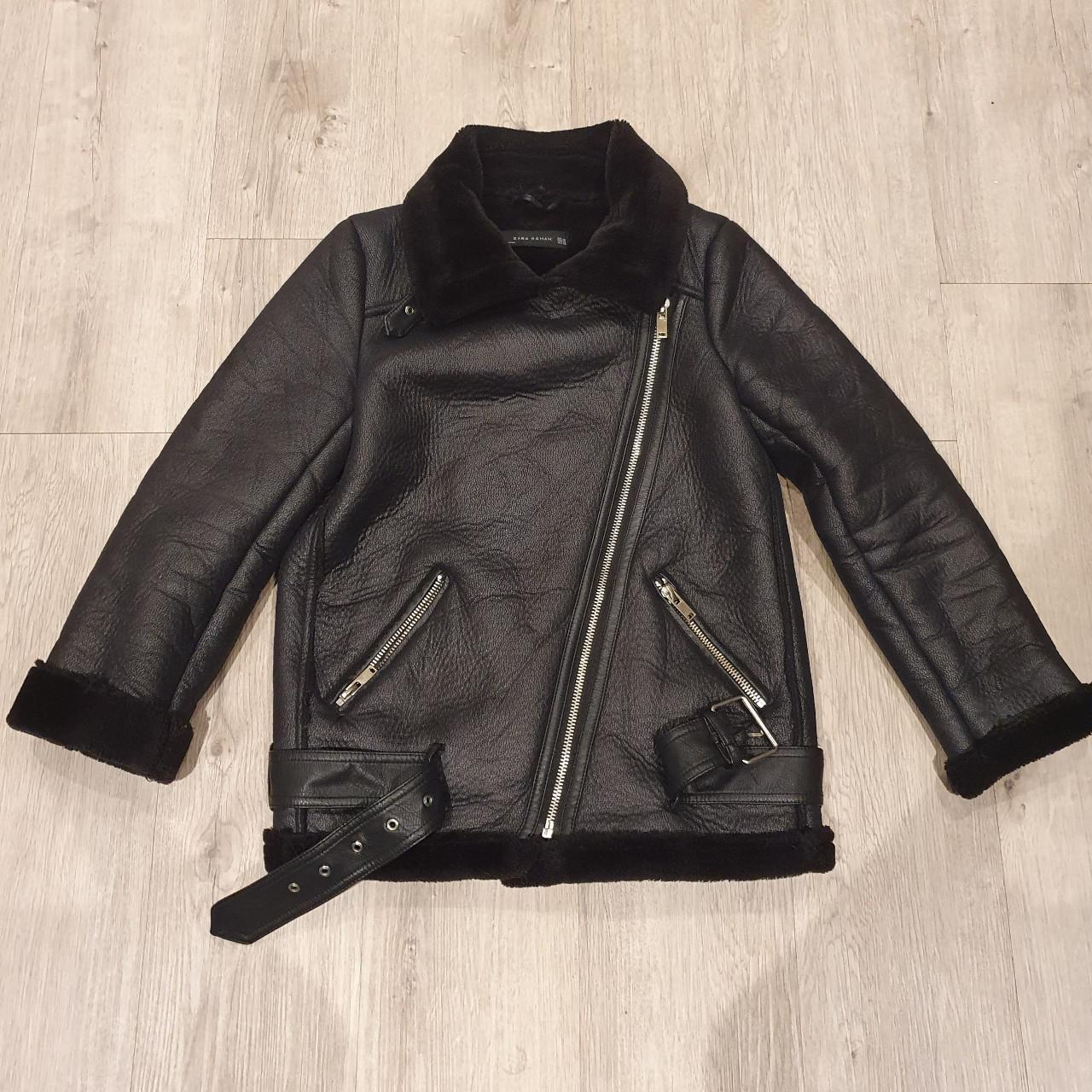 Zara faux shearling black jacket. Zara faux leather... - Depop