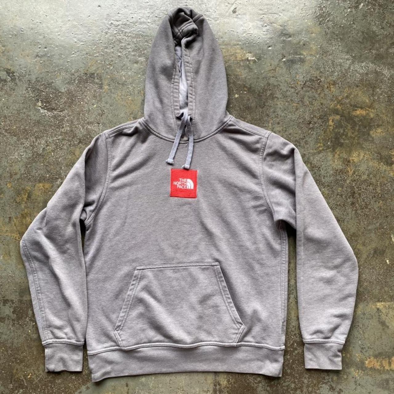 The North Face Box Logo Hoodie Grey and Red Size M - Depop