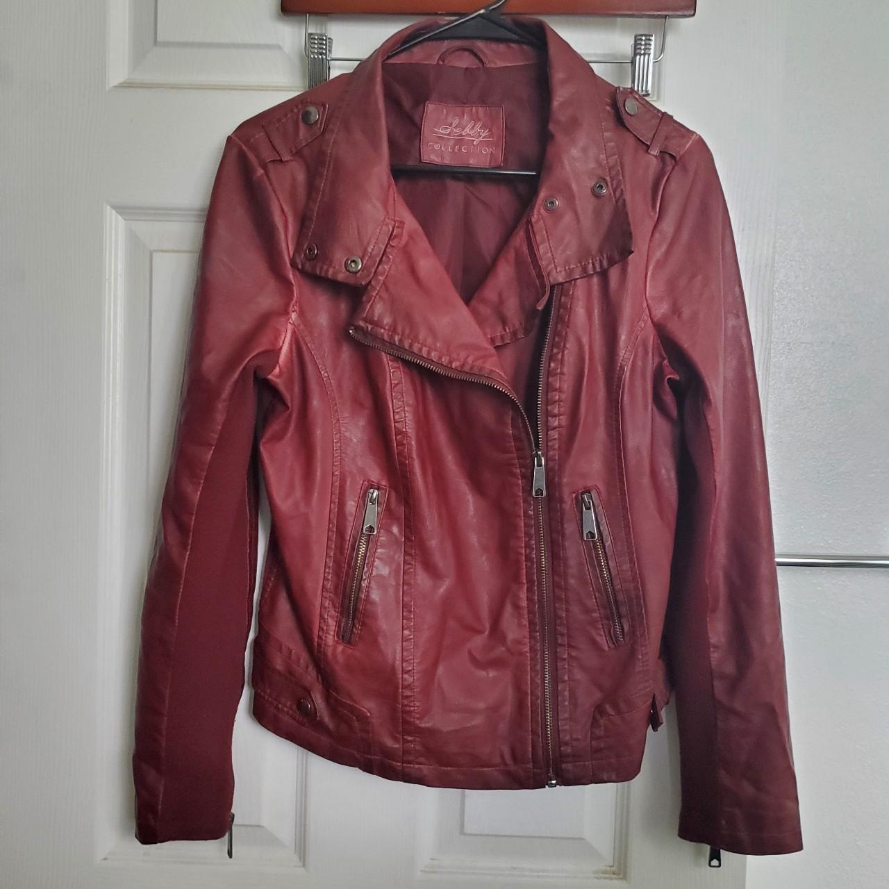 Sebby red faux leather jacket with stretchy ribbed... - Depop
