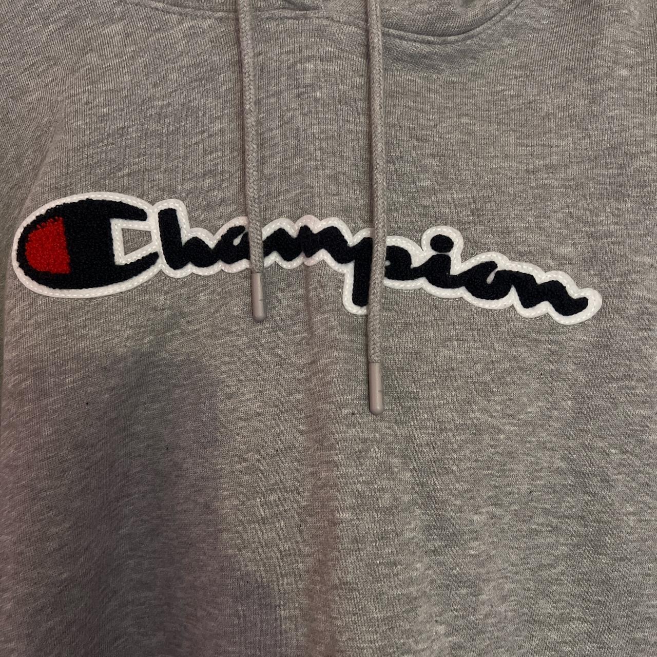 Champion grey hoodie white champion embroidered on... - Depop