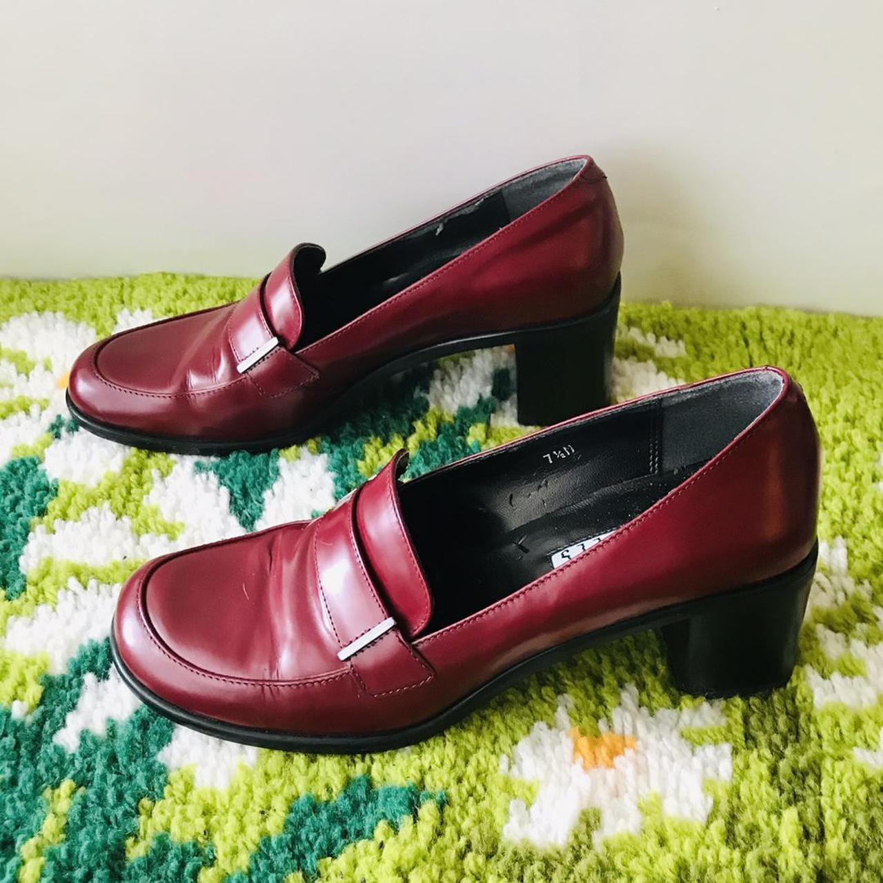 vintage burgundy leather loafers features square... - Depop