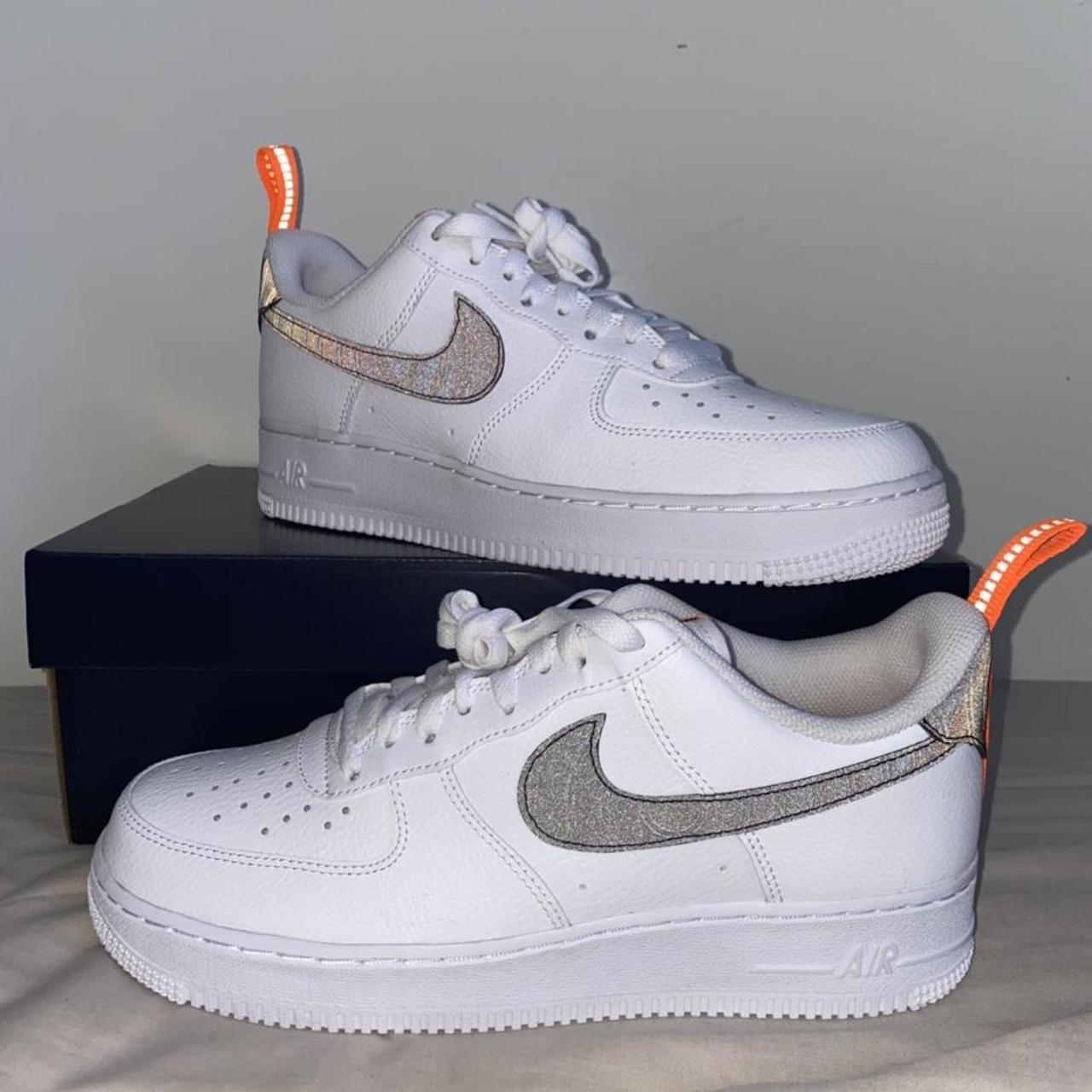 Nike Air Force 1 orange tick with reflective laces. - Depop