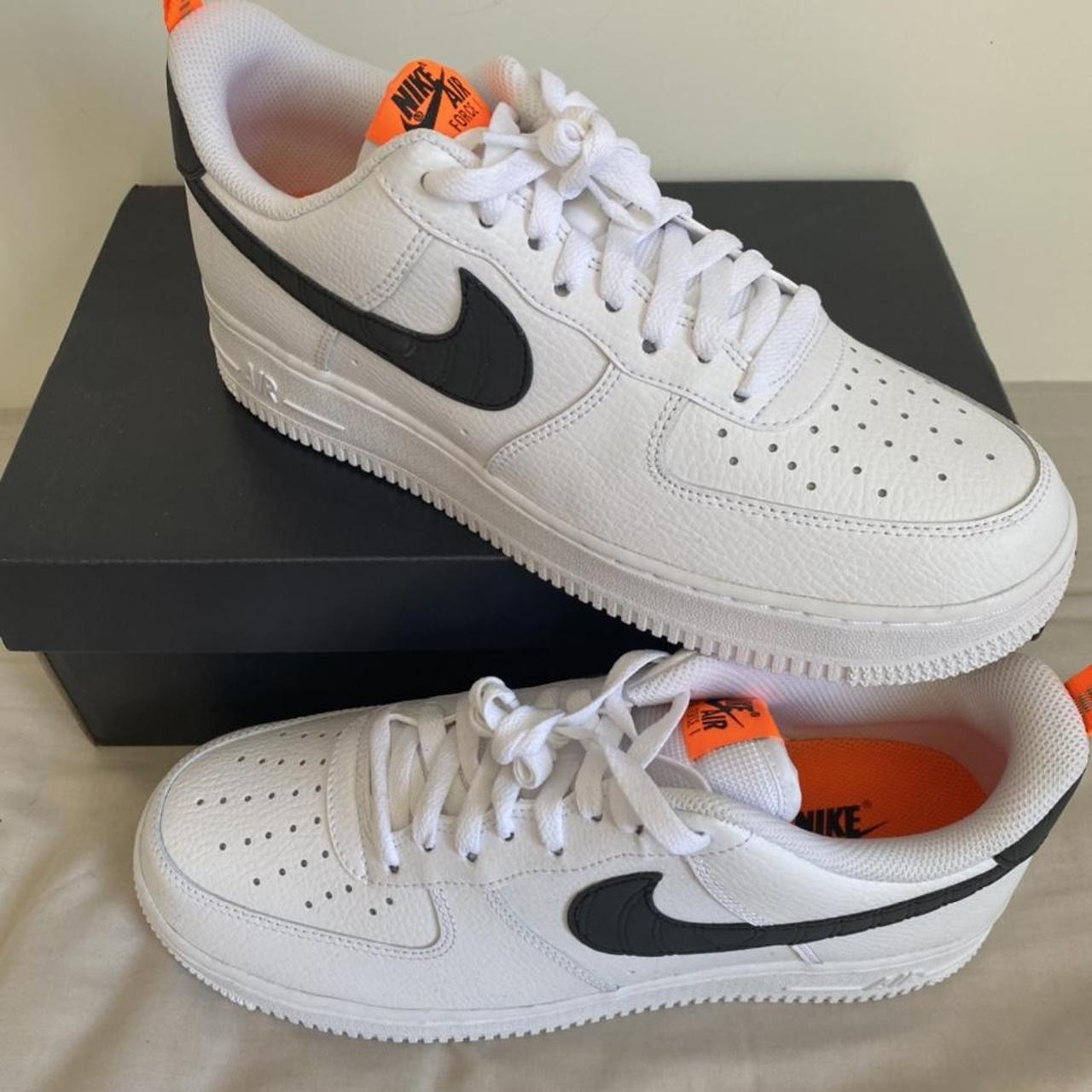 Nike Air Force 1 orange tick with reflective laces. - Depop